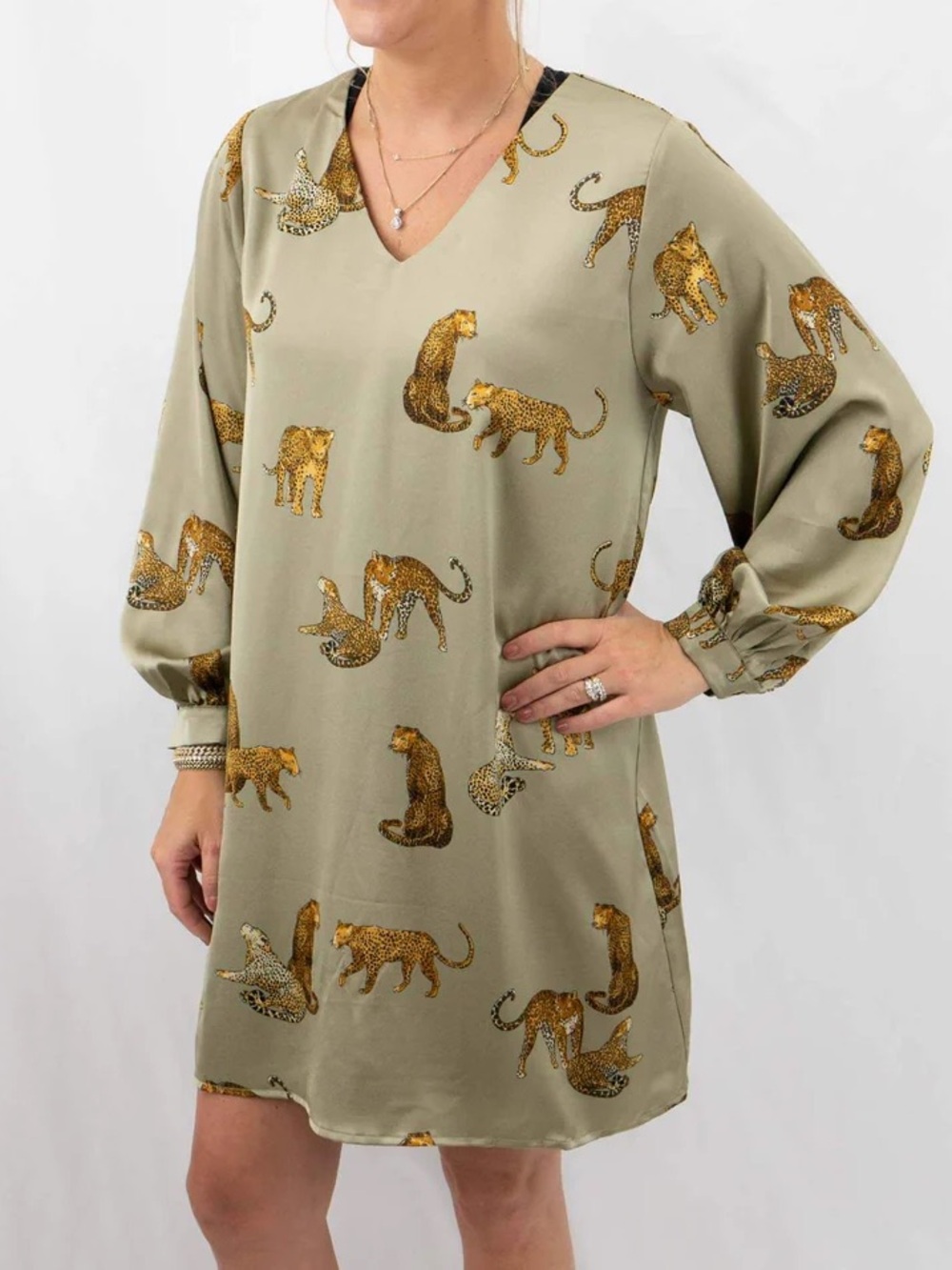NEW JODIFL Cheetah Print Patterned Long Sleeve Mini Dress Preppy Boho Chic L